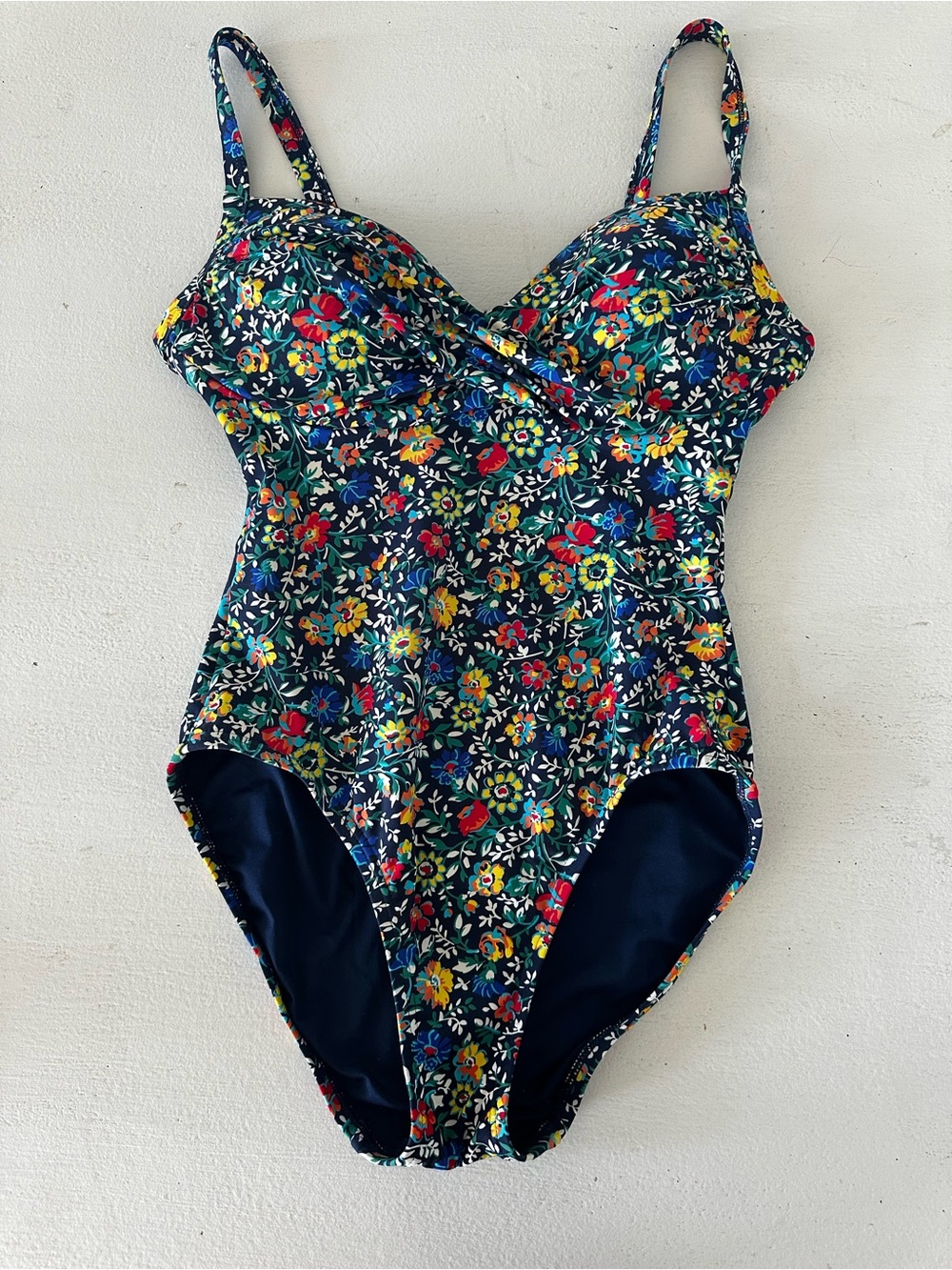 Lands' End Navy Floral One-Piece Swimsuit with Red, Yellow & Green Accents